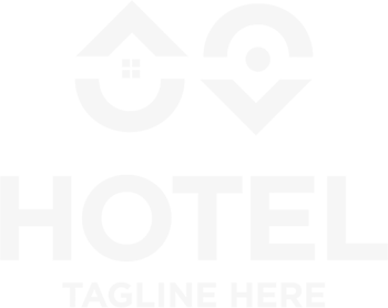 A stylized hotel logo with a circular arc and pin shape above the word “HOTEL” and a placeholder “TAGLINE HERE” below, all in white on black.